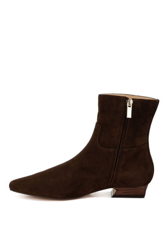 Inside side view of the Hakra suede bootie in brown, showcasing the zipper closure and flared low block heel.
