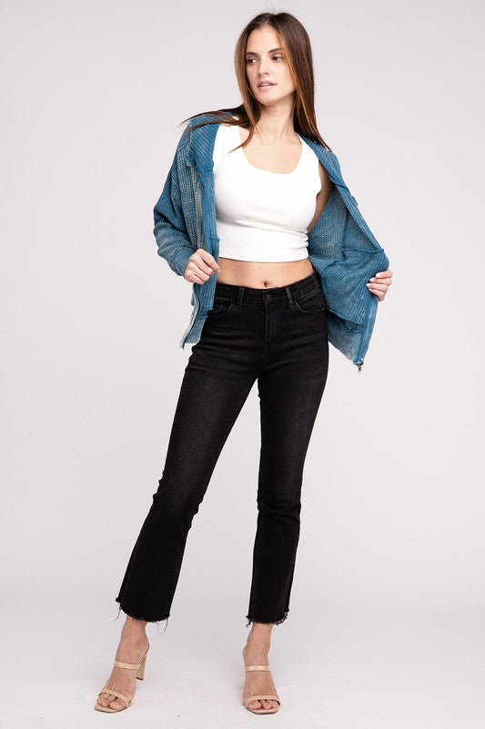 Full-body view of model wearing Teal Hanna Acid Wash Hooded Jacket with casual outfit.