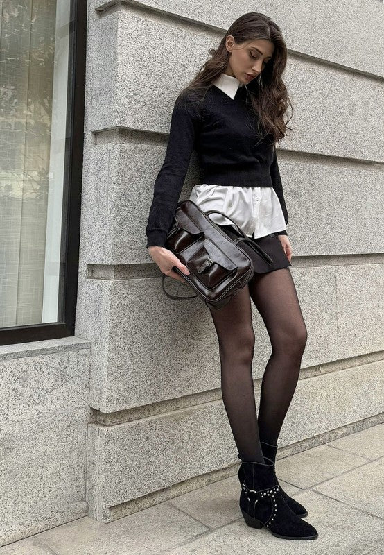 Rodeo Studded Suede Ankle Boots Black lifestyle on model styled with tights and skirt