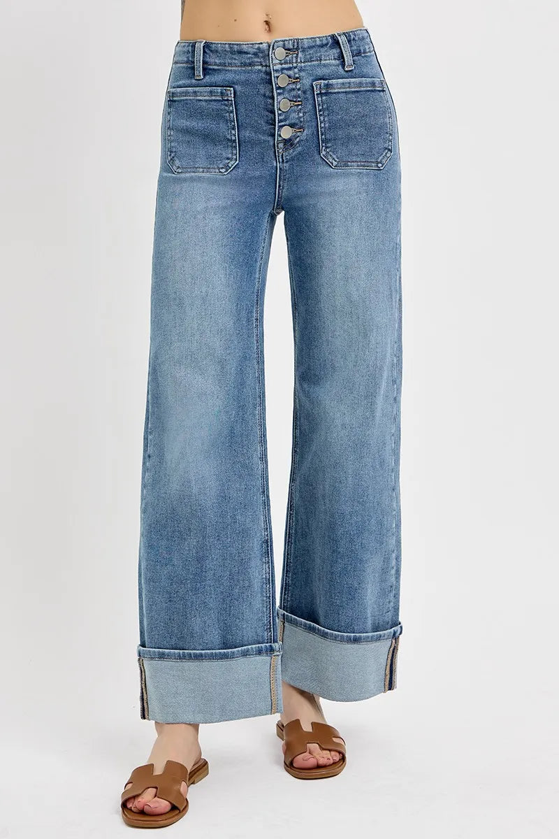 Front view of Asher high rise wide leg jeans in medium wash with button fly, patch pockets, and cuffed hem – by RISEN