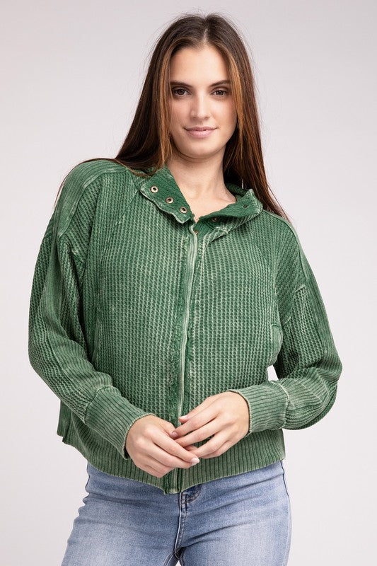 Front view of model wearing Dark Green Hanna Acid Wash Hooded Jacket.