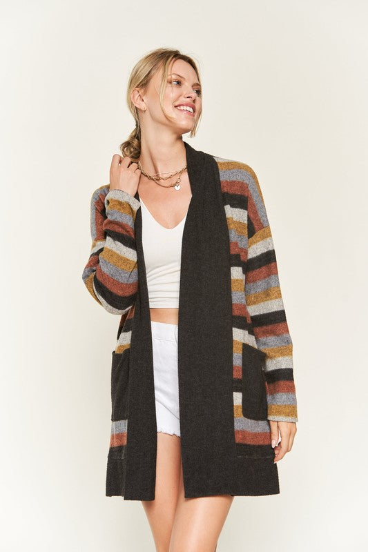 Front view of Vinni Multi Color Stripe Cardigan showing earthy rust, gold, gray, and beige stripes