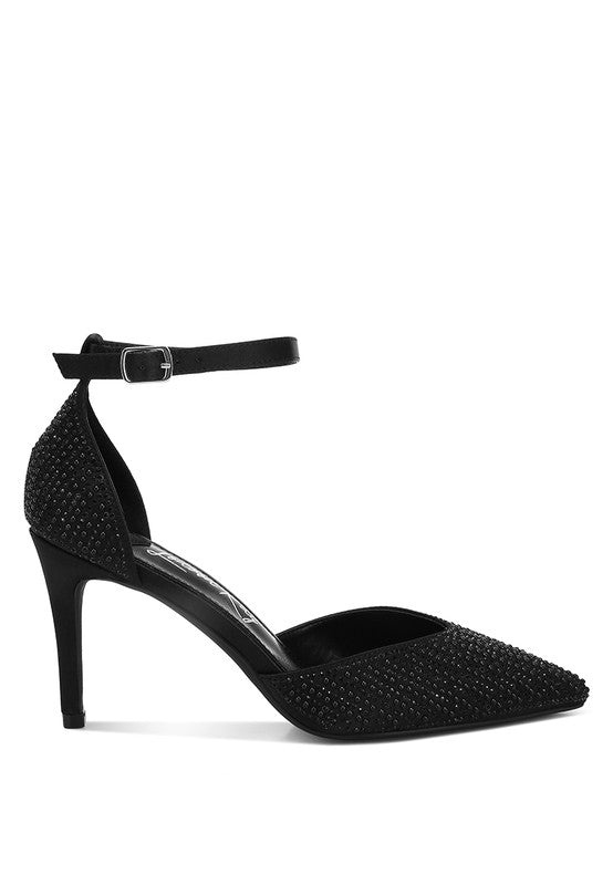Wanda Sandals sleek black pointed-toe satin stiletto side angle