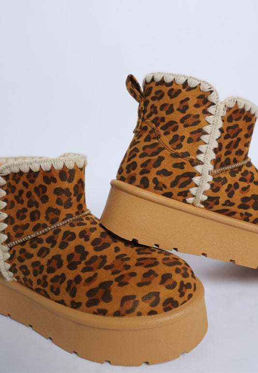 Front view of Rochas Leopard Print Boots showing round toe and microfiber upper.