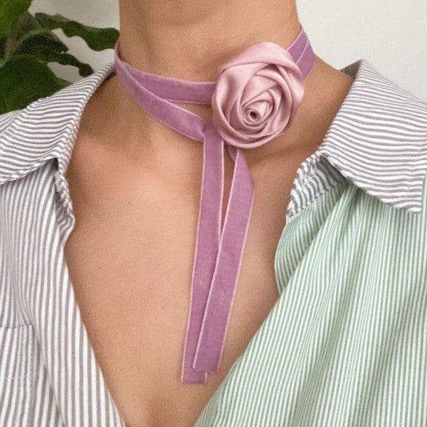 Model wearing pink Satin Rose Velvet Sash Necklace tied as a choker