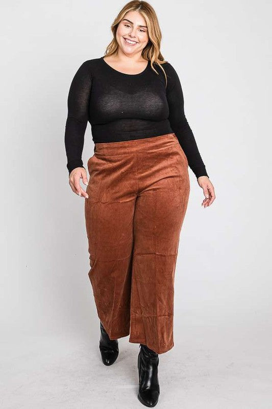 Lulu Plus Size Ribbed Velvet Pants Mocha, wide leg cropped fit side angle