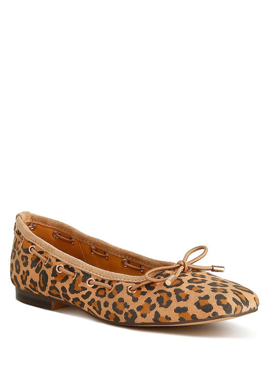 Front angle view of Darlow Drawstring Bow Ballerinas in leopard print suede