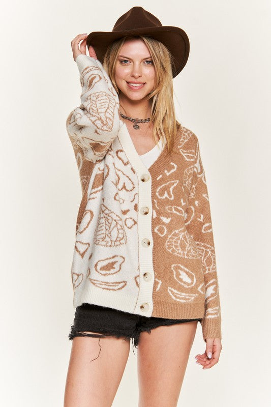 Taupe Dafni Heart Paisley Cardigan front view, model wearing shorts.