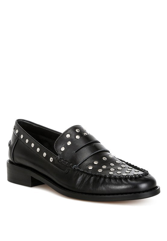 Front angle of Black Oglavia Studded Leather Loafers with edgy stud embellishments and round toe.