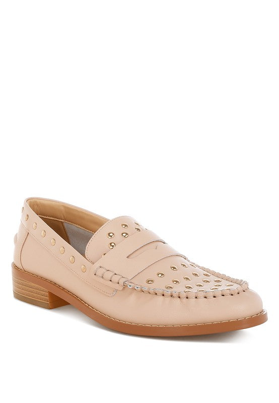Front angle of Beige Oglavia Studded Leather Loafers with genuine leather upper and studded details.