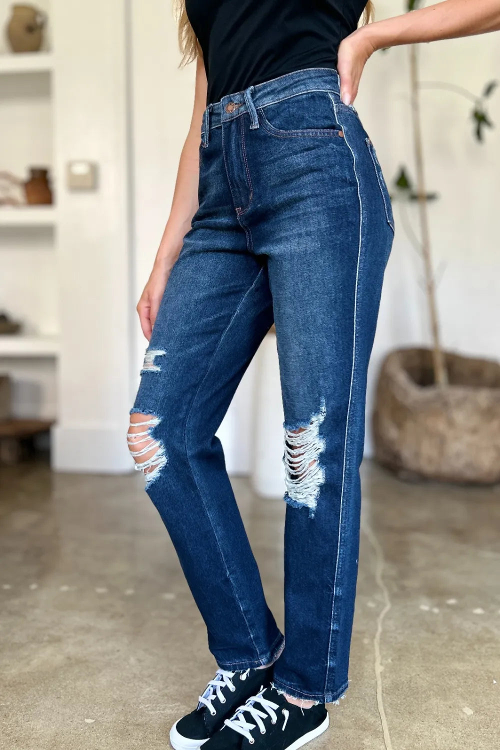 Wynna High Waist Straight Jeans front view, distressed design with raw hemline