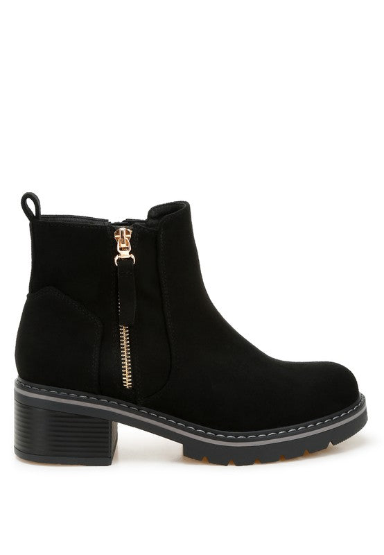 Side angle of Black Tigris Microfiber Zipper Boots with minimalist design and 2-inch block heel.