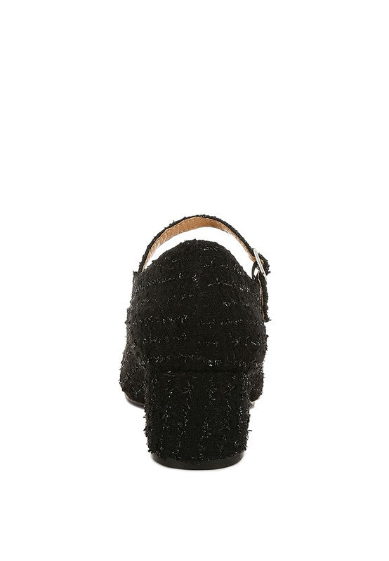 Back view of Black Antara Tweed Mary Jane Heels showing heel height and tweed finish.