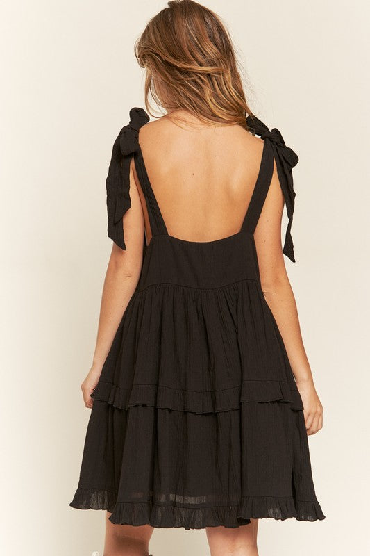 Edwina Square Neck Ruffle Mini Dress – Black, Adjustable Straps