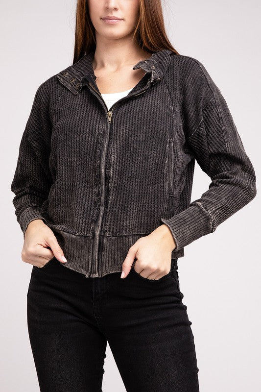 Close-up of waffle knit texture and acid-wash finish on Ash Black Hanna Hooded Jacket.