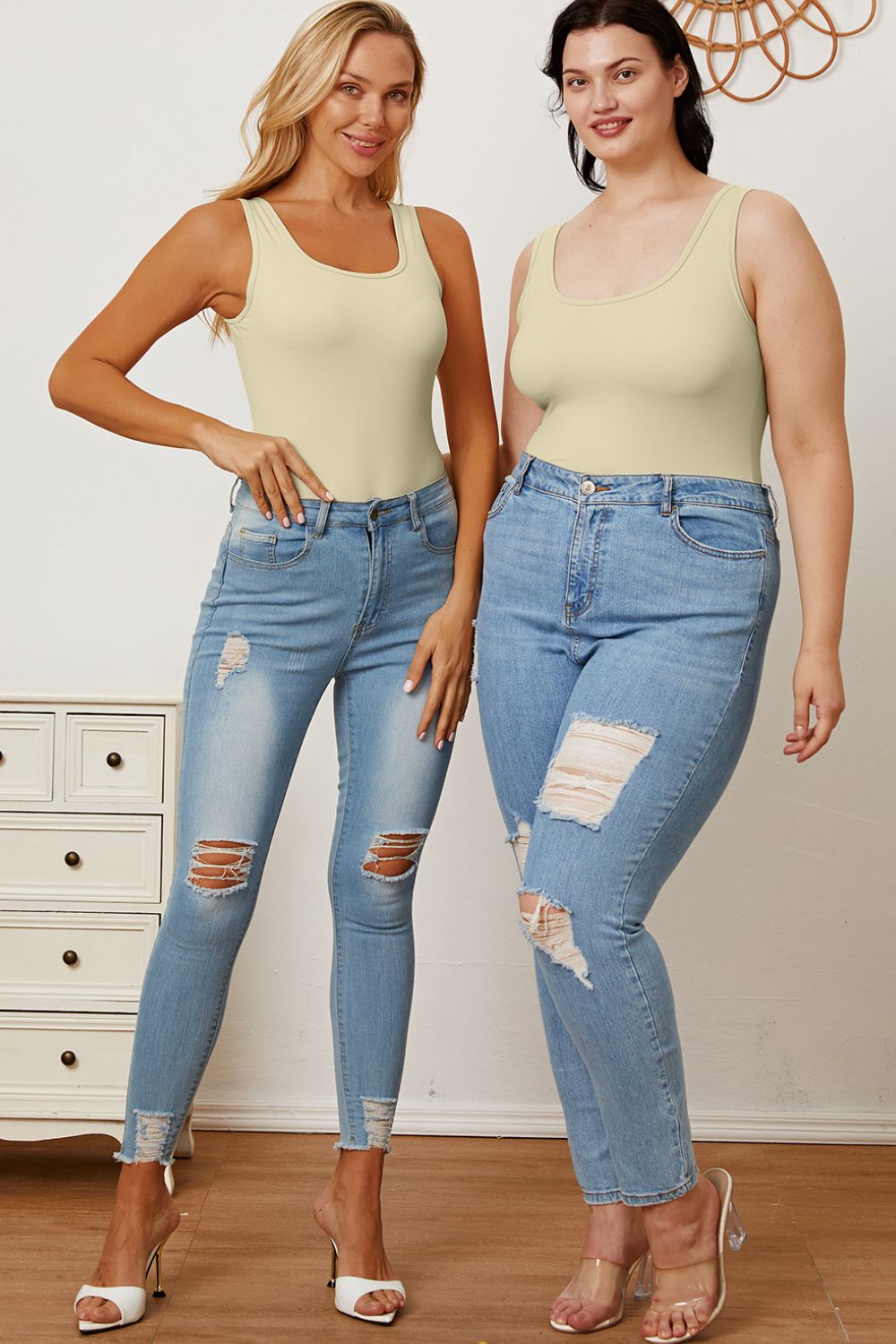 Two models in Sarah Beige Bodysuit side by side, showing size inclusivity.