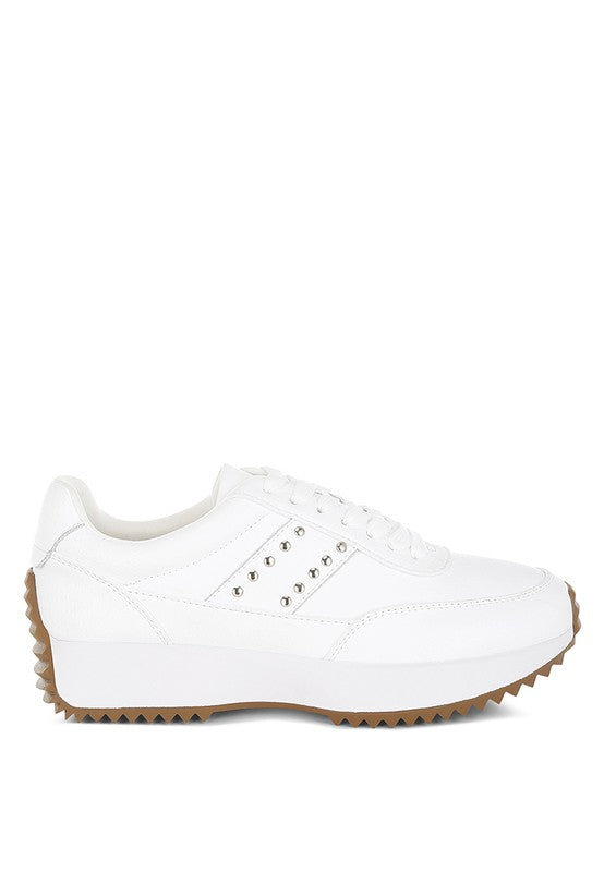 Side view of white Athion Studded Leather Sneakers with flatform lug sole