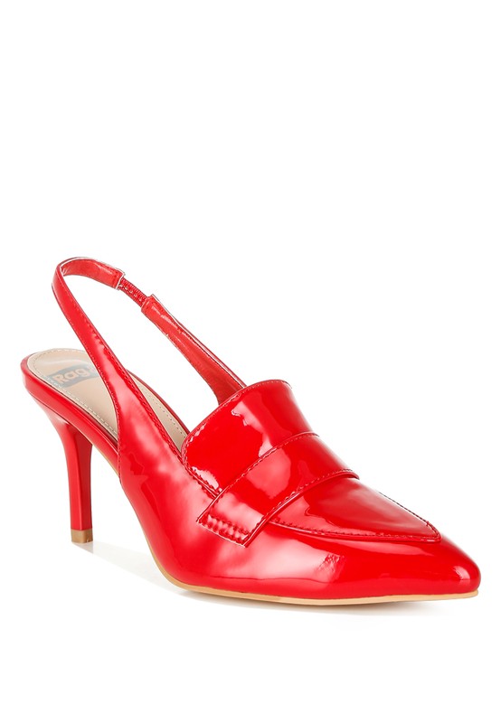 Front angle of Red Voisin Slingback Loafer Heels with pointed toe and glossy patent leather.