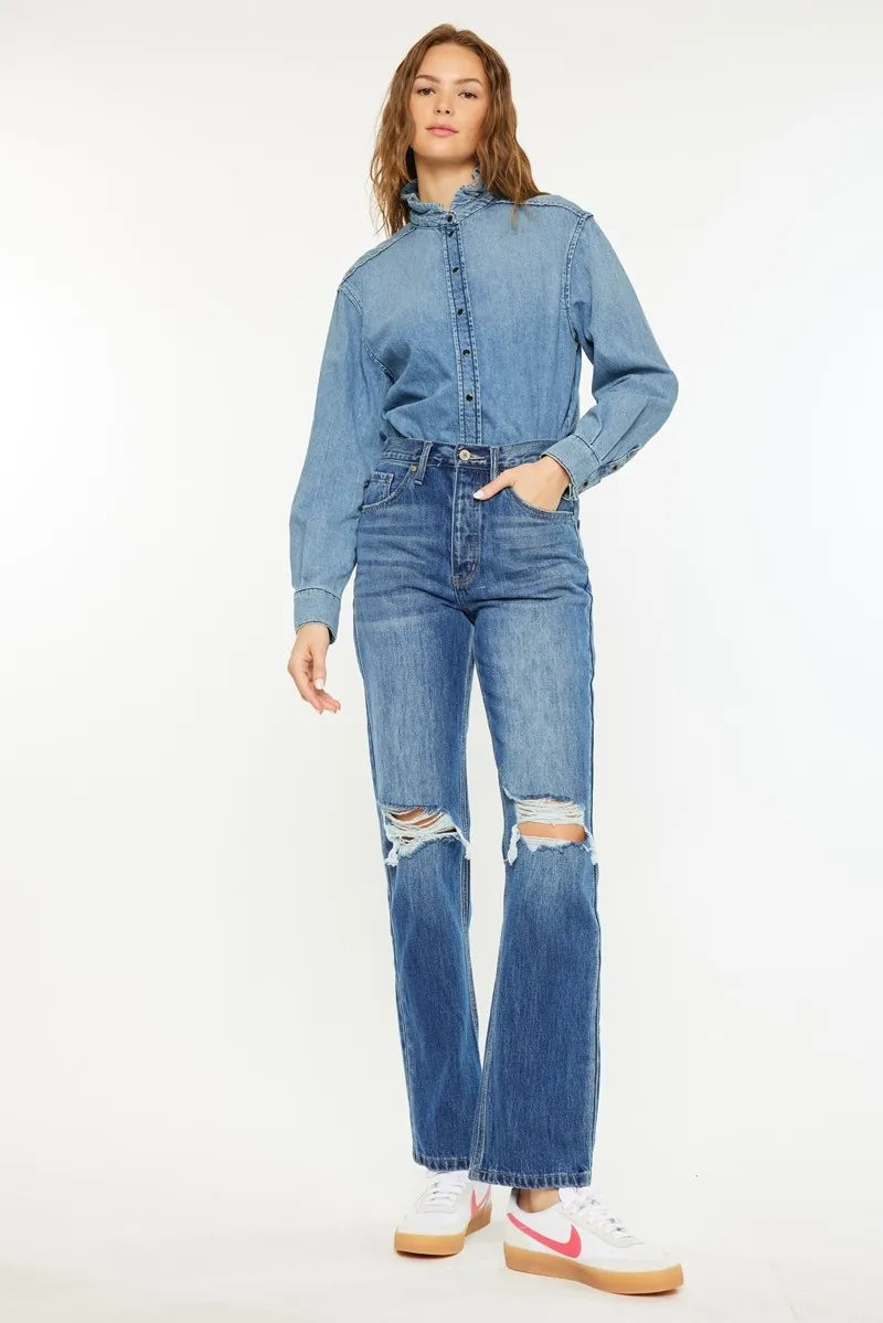 Front angle of Scottie Boyfriend Jeans showing relaxed 90s straight leg fit and vintage cotton structure.