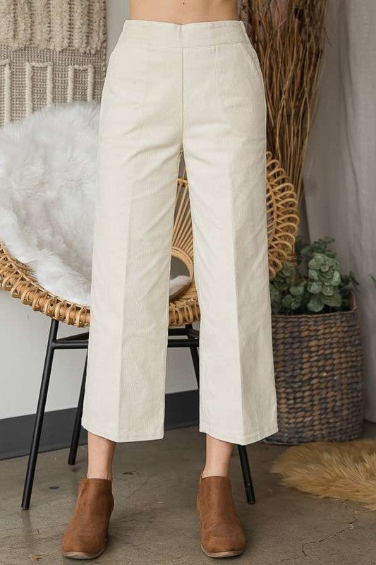 Lulu Plus Size Ribbed Velvet Pants Cream variant, front view wide leg fit