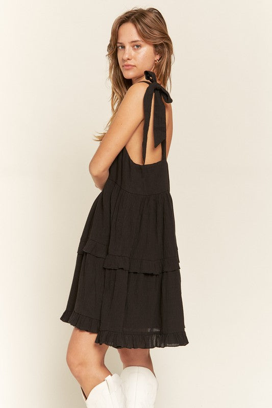 Edwina Square Neck Ruffle Mini Dress – Black, Adjustable Straps