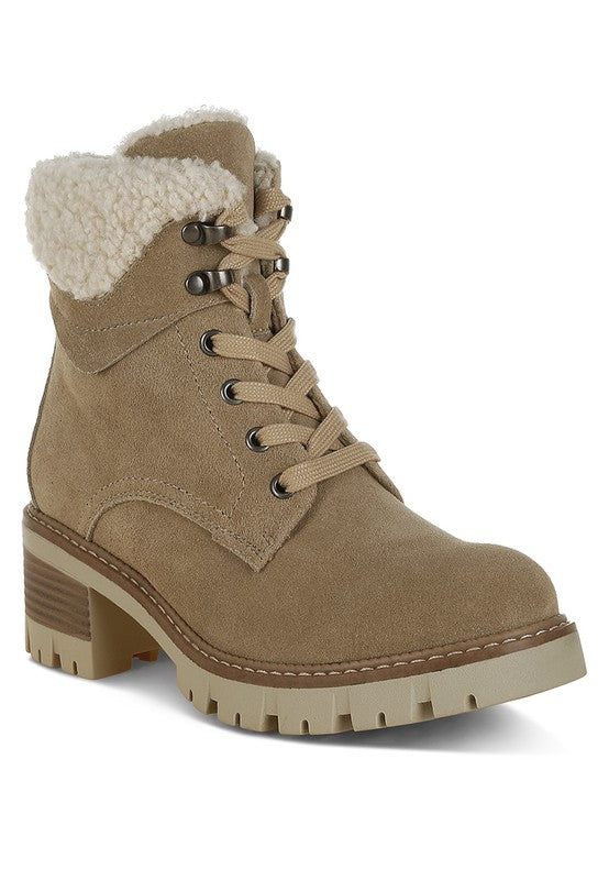 Front angle of Beige Madoka Chunky Ankle Boots with lace-up front, suede finish, and fur collar detail.