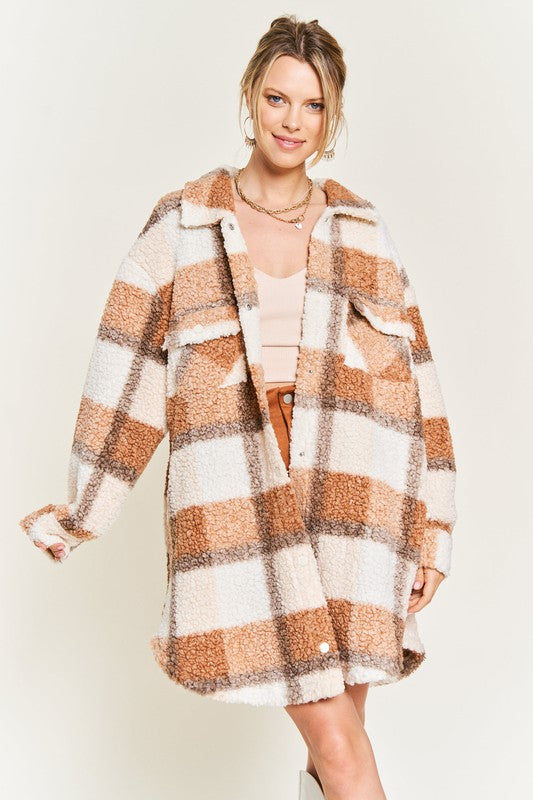 Sariya Plus Size Teddy Jacket front view showing collared neckline, flap pockets, and fall plaid design