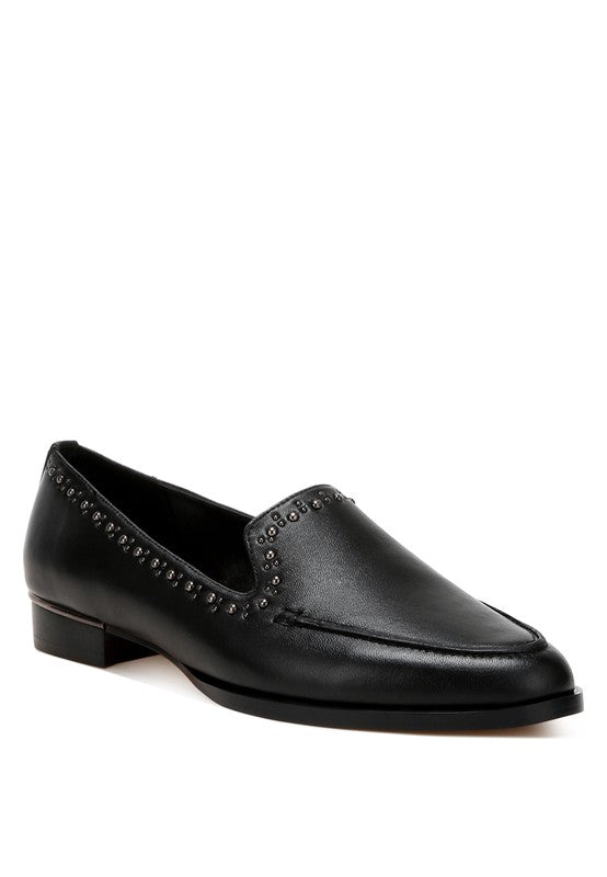 Black Wolferton studded leather loafers front angle view