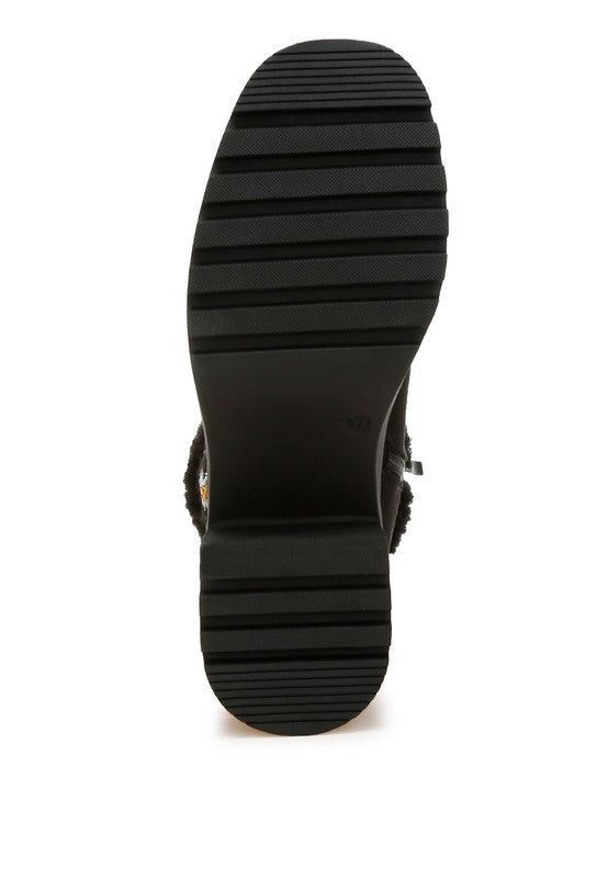 Bottom view of Black Woolly Faux Fur Embroidered Boots showing anti-skid sole and block heel design.