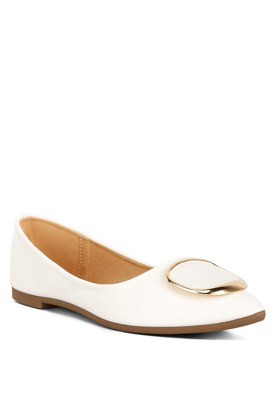 Front angle view of white Karder Ballet Flats with gold brooch detail
