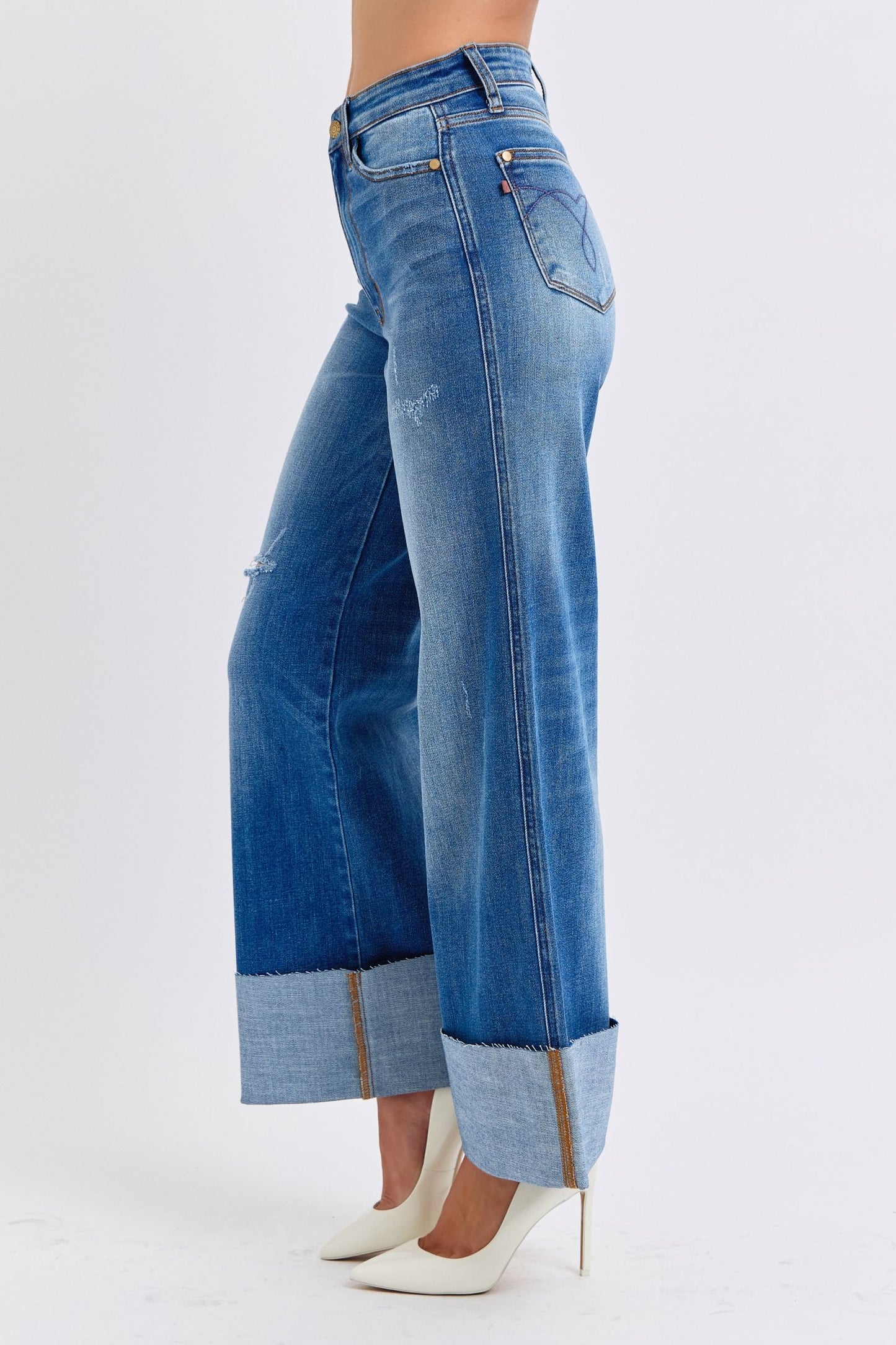 Nare Plus Size Distressed Wide Leg Jeans side angle showing high-waist fit.