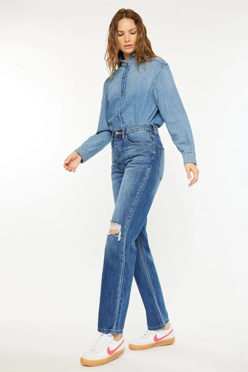 Side angle of Scottie Boyfriend Jeans showing vintage-inspired straight leg and high waist fit.