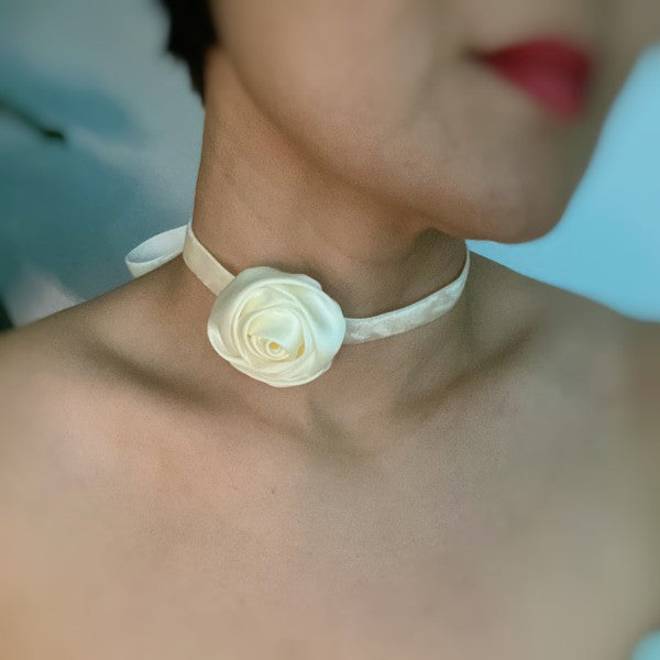 Model wearing cream Satin Rose Velvet Sash Necklace tied as a choker
