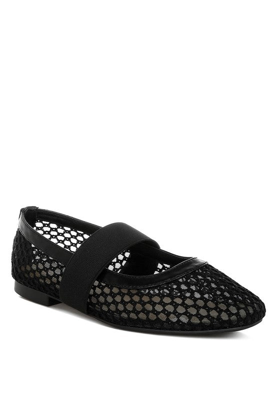 Black Nayela Ballerina Flats with square toe and supportive mid-foot strap.