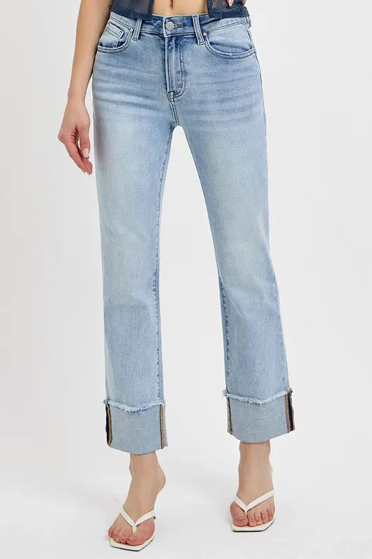 Front view of RISEN Lorelei High Rise Straight Cuffed Jeans, light wash denim with slight stretch.