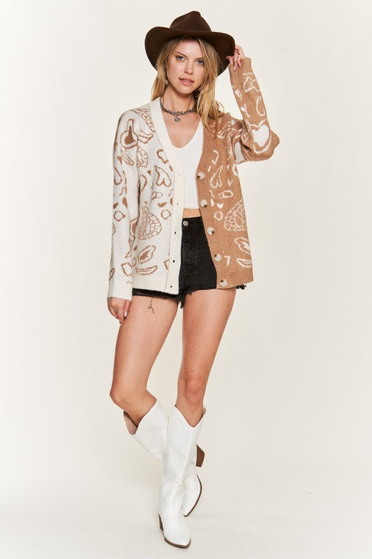 Taupe Dafni Heart Paisley Cardigan full body view styled with shorts.