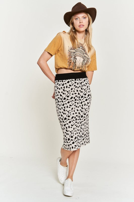 Kilah Animal Print Sweater Skirt styled with tee, high waist silhouette.