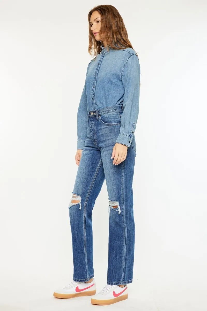 Side angle of Scottie Boyfriend Jeans in medium wash highlighting relaxed boyfriend fit and ultra-high rise waist.