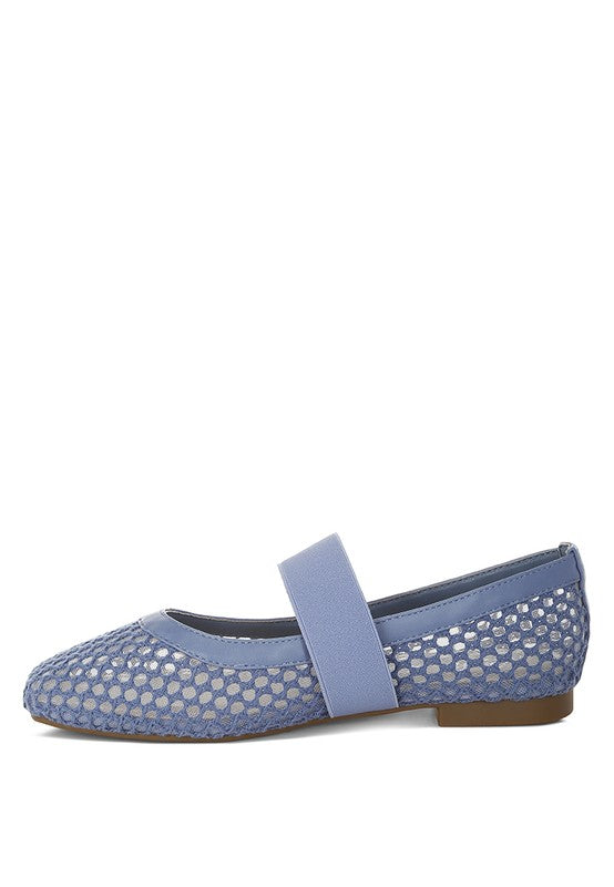 Blue Nayela Flats side view highlighting secure mid-foot strap and sleek design.