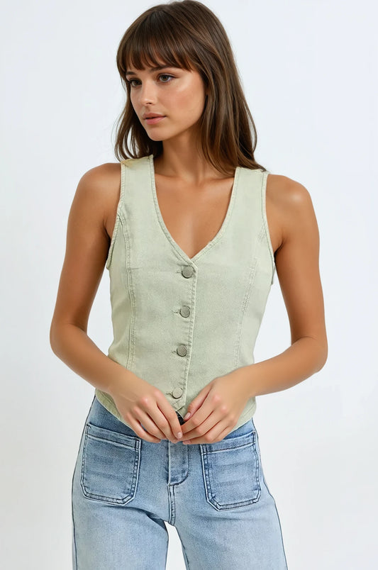 Close front angle of Kaylee Pistachio Vest showing button-down detail and ribbed texture.