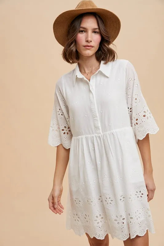Kiaan Mini Dress in ivory cotton with collared neckline and half sleeves.