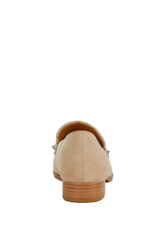 Sand Durance Suede Loafers back view with block heel and stud embellishments