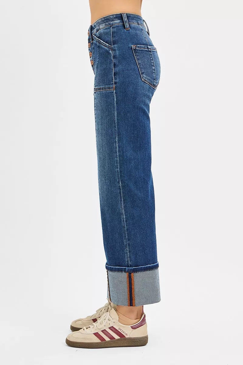 Aubrey High Rise Cuffed Jeans side view highlighting wide straight cut