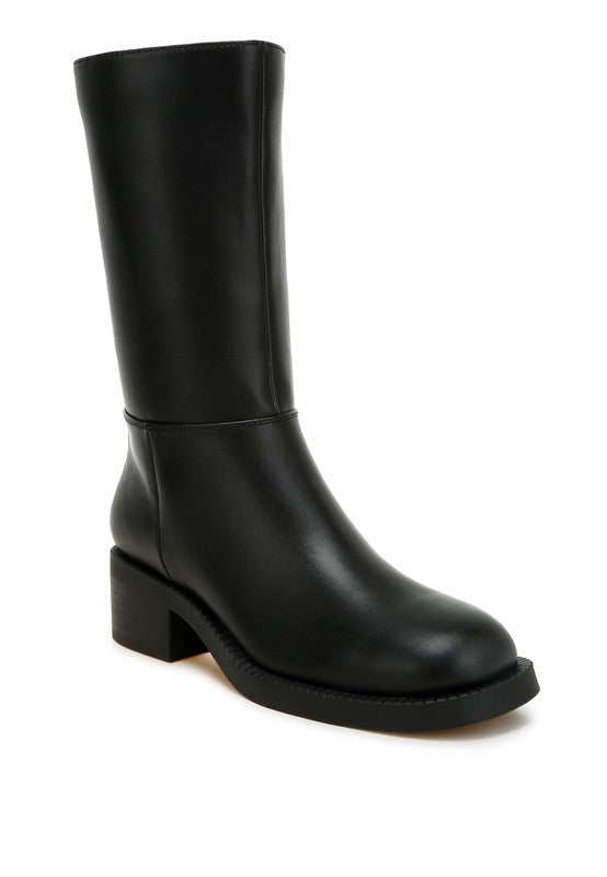 Front angle view of Soora Block Heel Calf Boots in black faux leather
