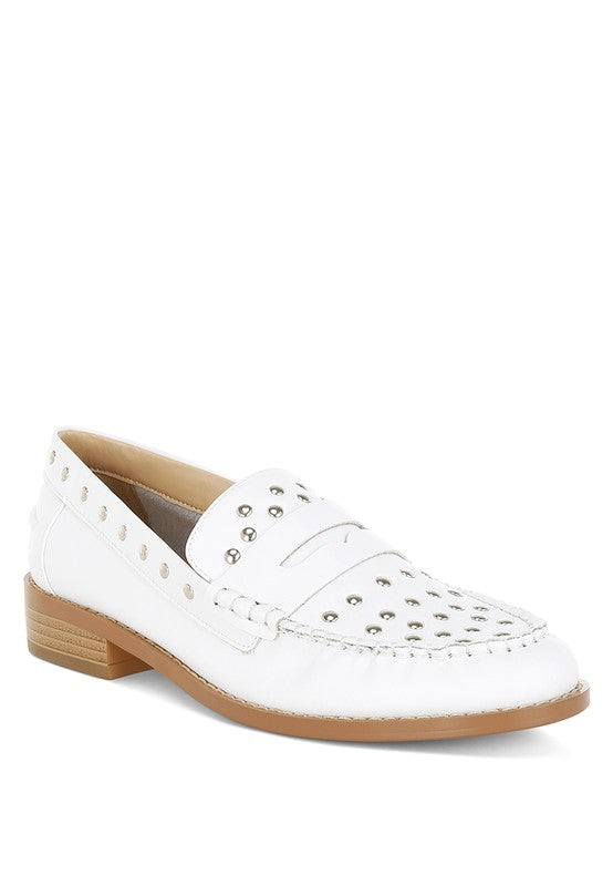 Side view of White Oglavia Studded Leather Loafers highlighting mock stitch detail and block heel.