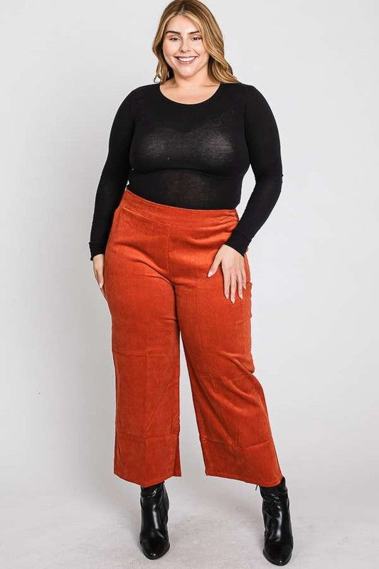 Lulu Plus Size Ribbed Velvet Pants Rust, elastic waist with pockets