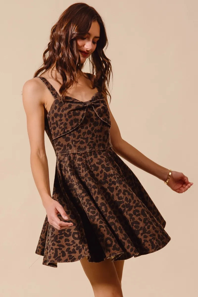 Roxanne Leopard Flare Cami Dress with skirt in motion, flowy A-line silhouette, and lightweight fabric.