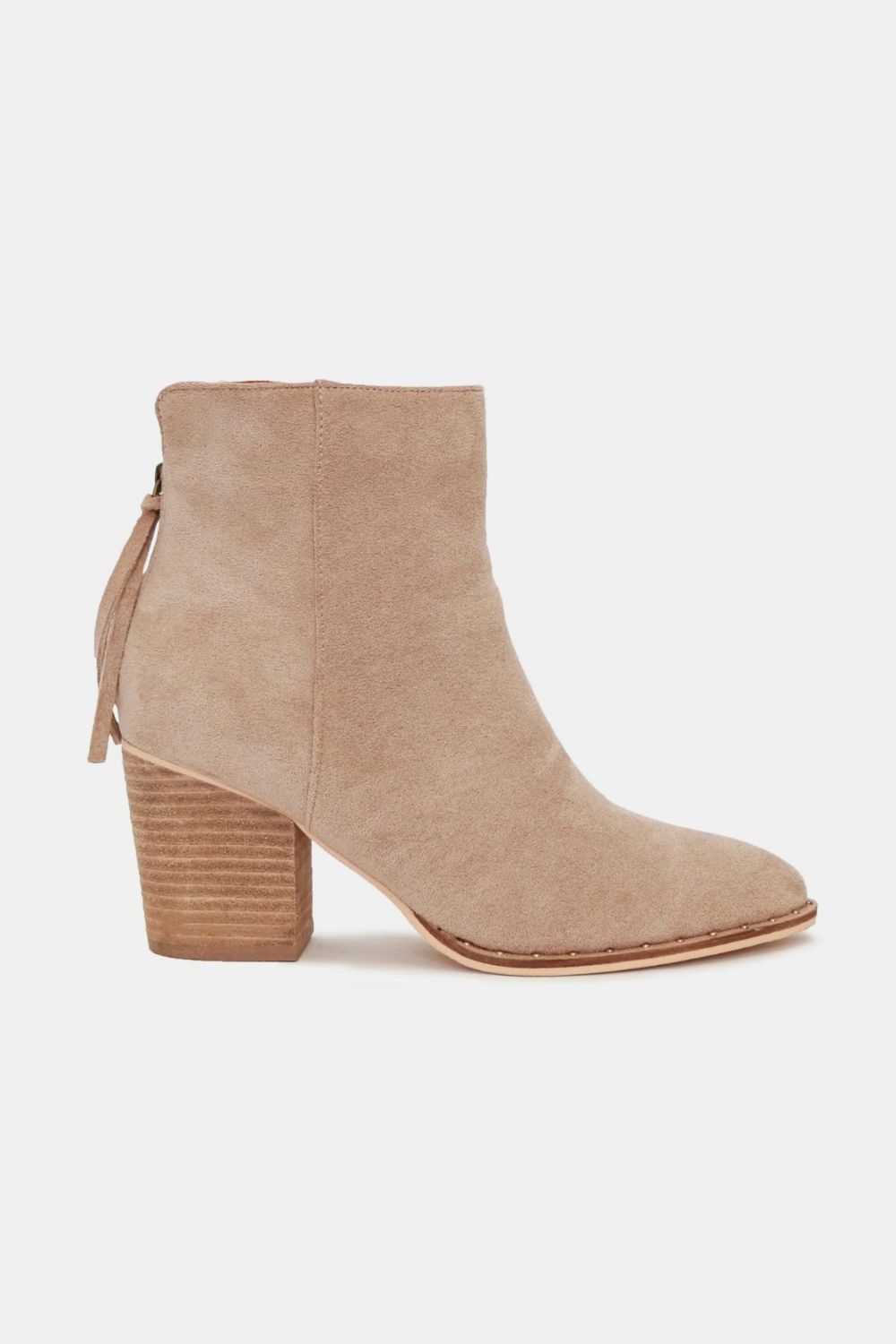 Side view of taupe Callia suede ankle booties with point toe and 3" heel, sleek design with zipper closure.