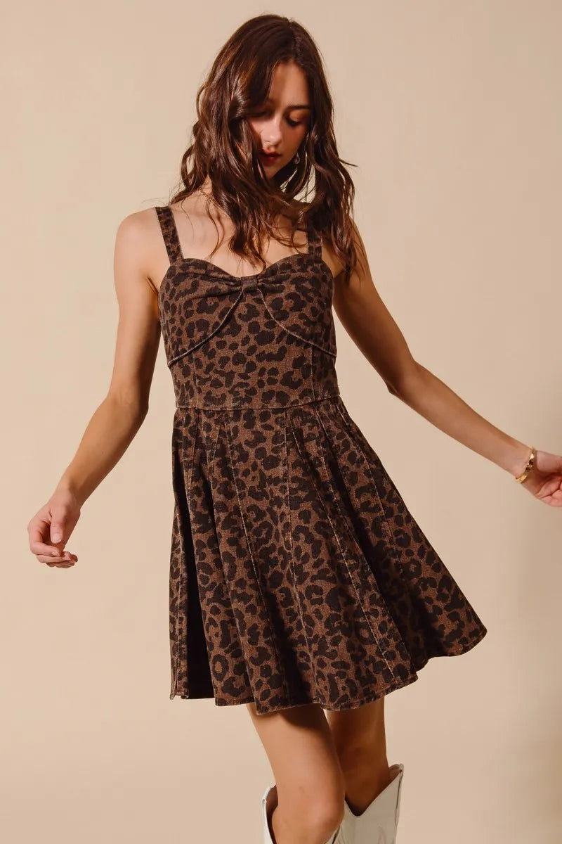 Roxanne Leopard Flare Cami Dress with bold leopard print, sweetheart neckline, and flared silhouette.