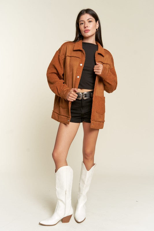 Full-body view of camel Galina faux suede sherpa jacket with relaxed oversized fit.